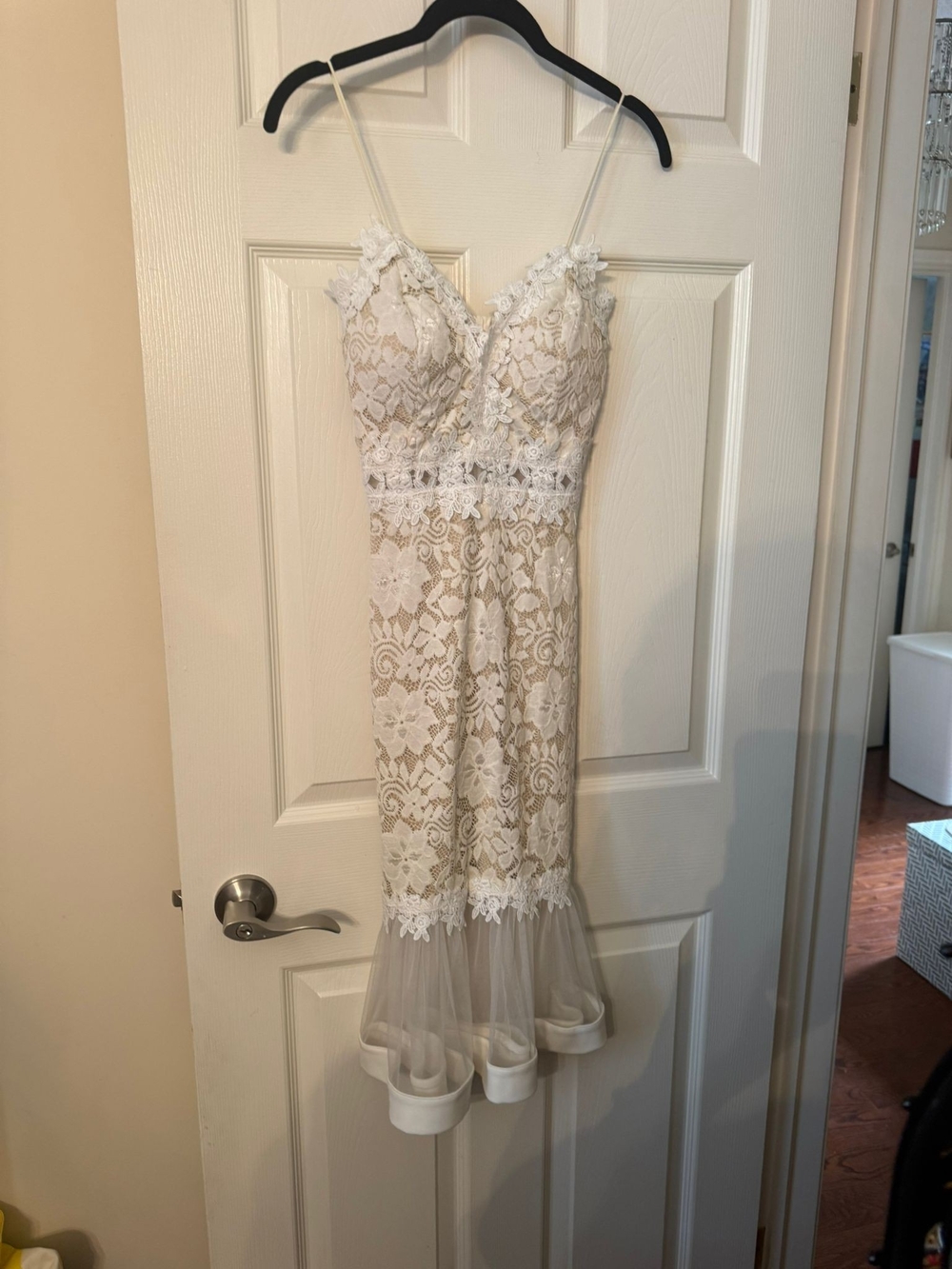 Fashion Nova Ivory Lace Midi Dress with Tulle Hem